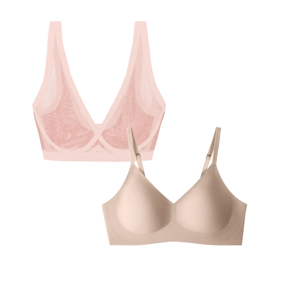 Murex shell pink sheer mesh bralette paired with nude seamless wireless relief bra.