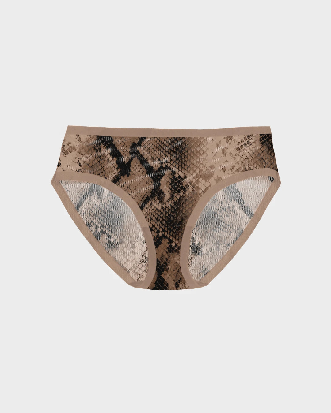 EBY Weightless Sheer Brief in Arabesque, brown and beige snakeskin print seamless mesh panty flat lay on light gray background