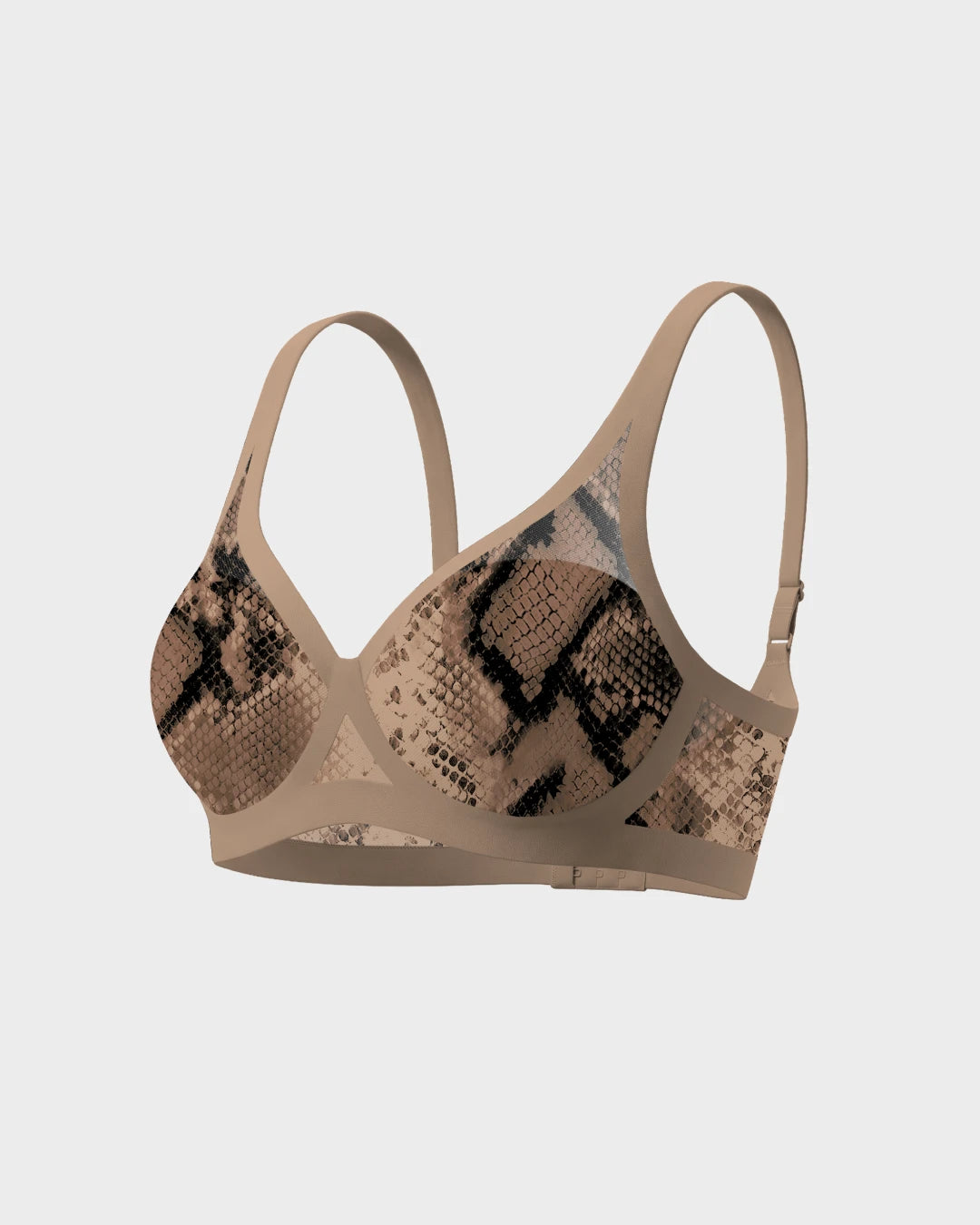 EBY Sheer 3D Light Lift Bra in arabesque, angled product view on gray background showing snakeskin print cups, solid beige straps, and underwire band