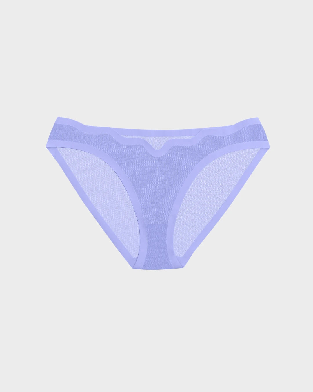 Sheer periwinkle mesh bikini brief with smooth waistband, shown flat on a light background.