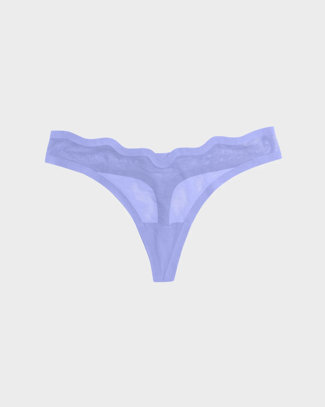 Sheer mesh thong in periwinkle with a scalloped waistband, shown flat-lay.