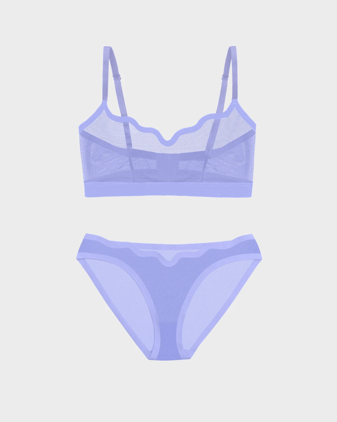 Sheer periwinkle mesh wireless bralette and matching bikini panty set with scalloped neckline.