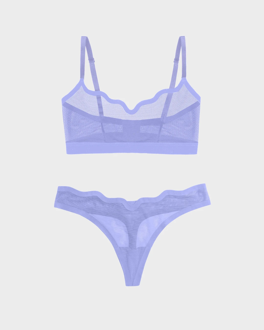 Lucy wireless sheer mesh bra and thong, a scalloped-edge sheer bra and panty set.