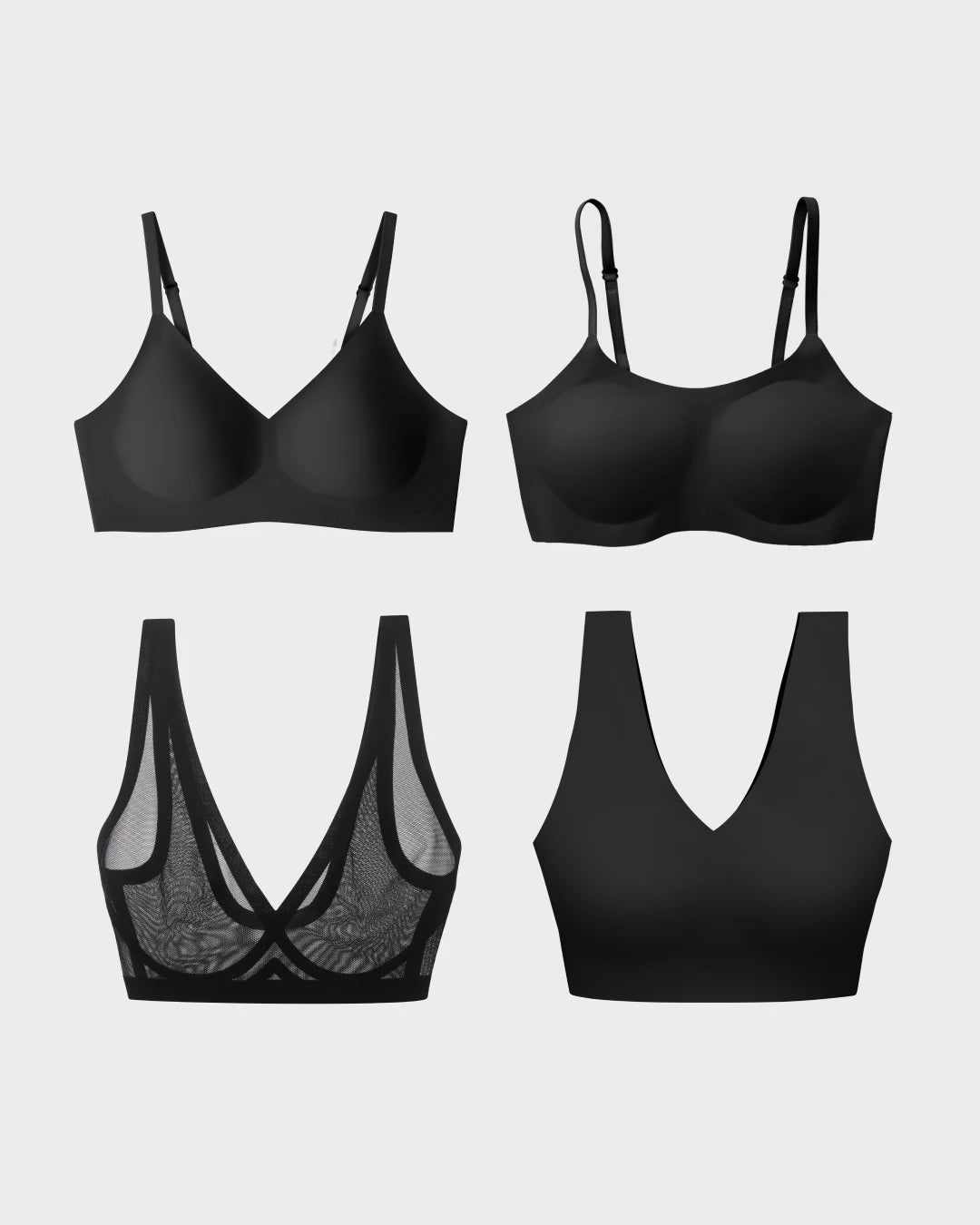 Four black EBY seamless wireless bras: Relief, Support, Sheer mesh, and Wireless bralette styles.