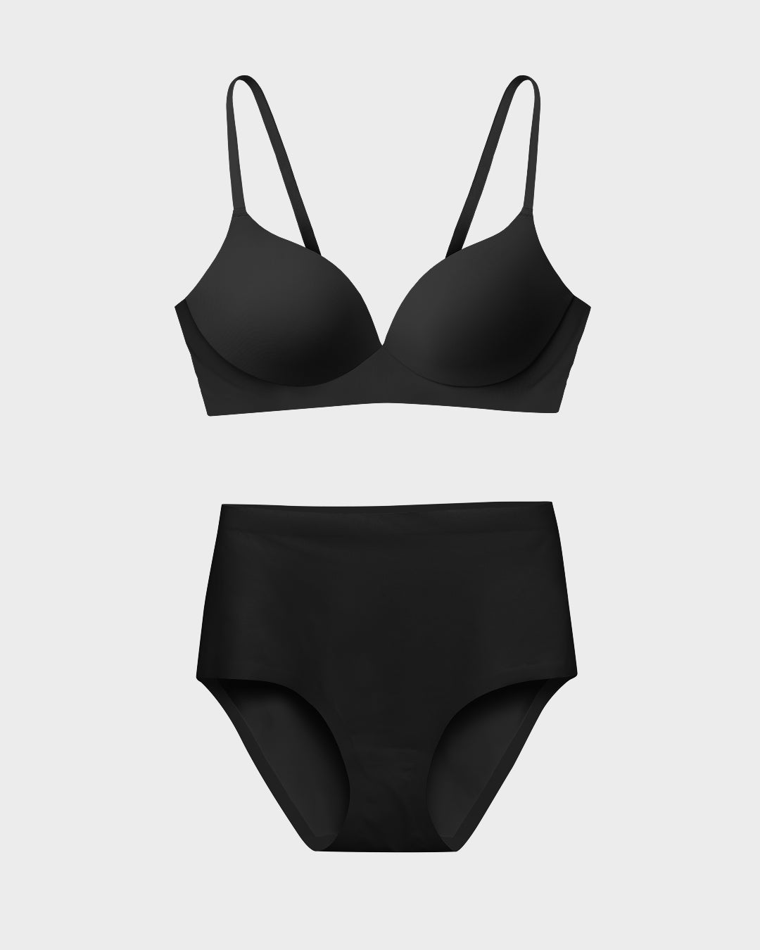 Black wireless t-shirt bra and matching high-waisted panties set in a flat lay.