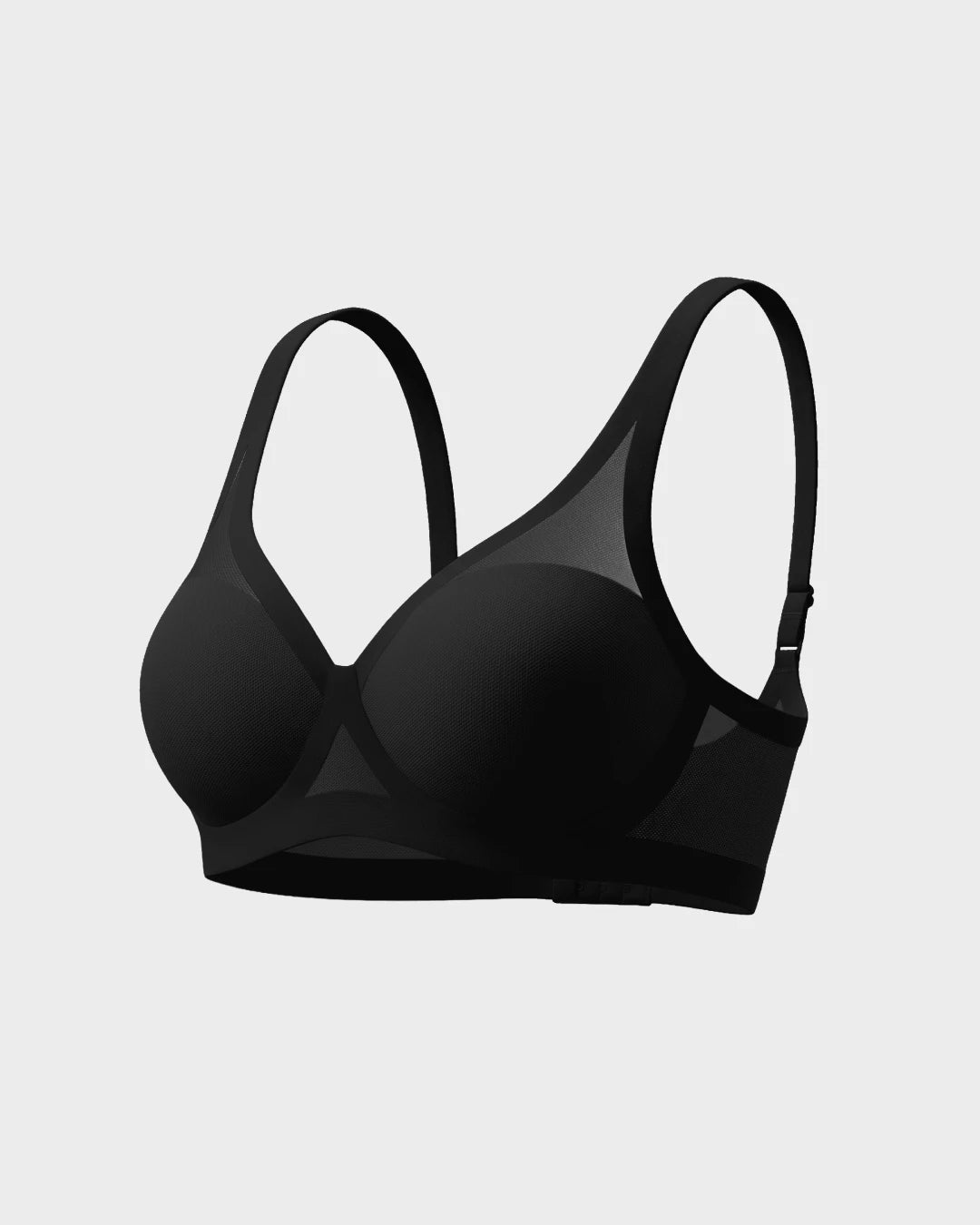 EBY Sheer 3D Light Lift Bra in black, angled product view on gray background showing sheer mesh panels, molded cups, and adjustable shoulder straps