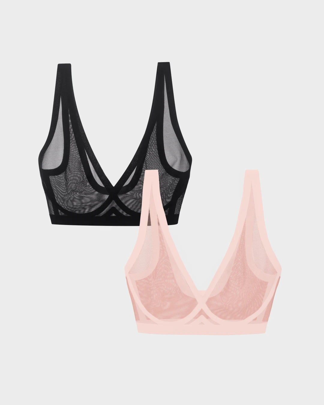 Black and Murex Shell pink sheer mesh wireless bralette bundle on a plain background.