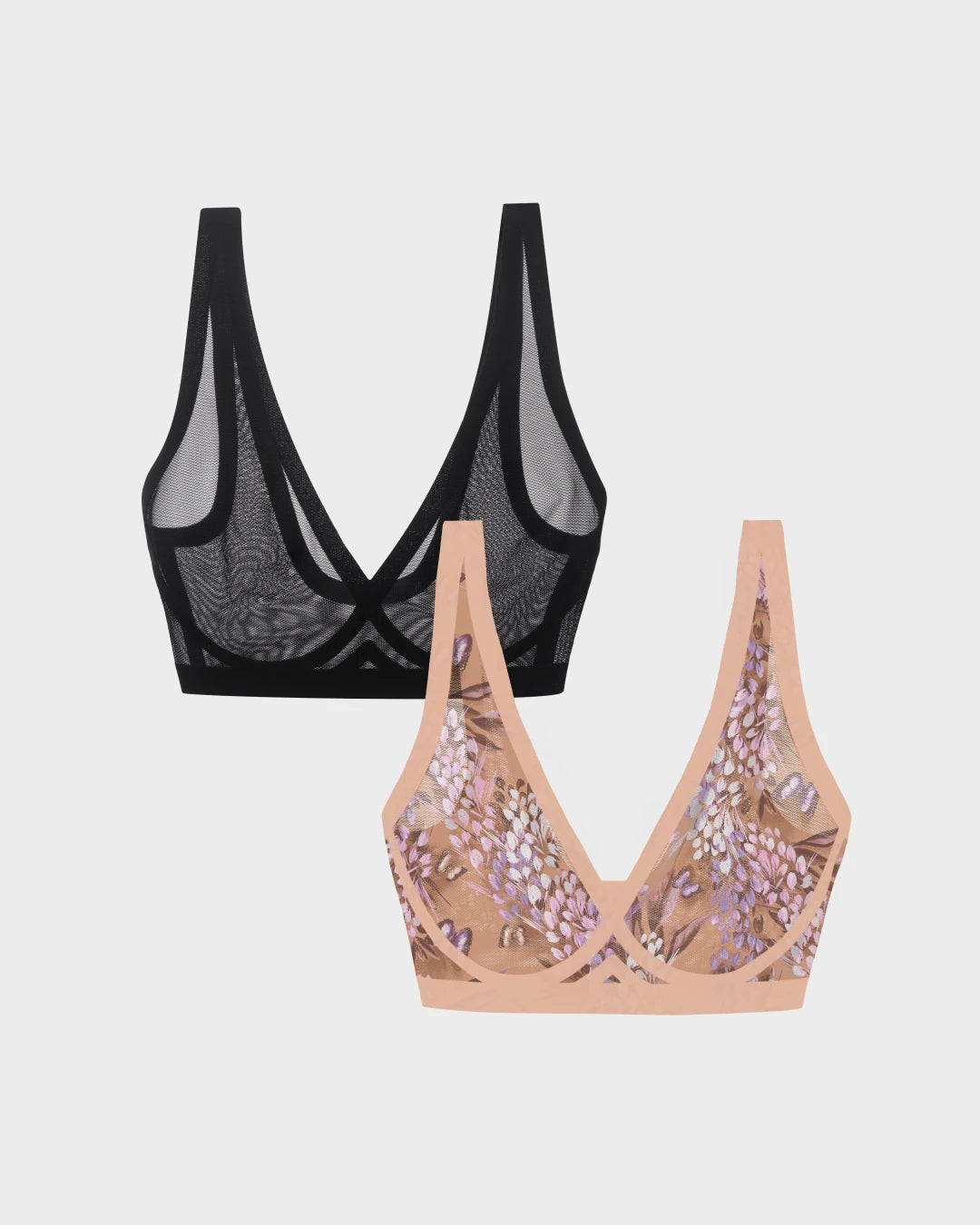 Two sheer mesh wireless bralettes, one black and one Parisian floral print, on grey.
