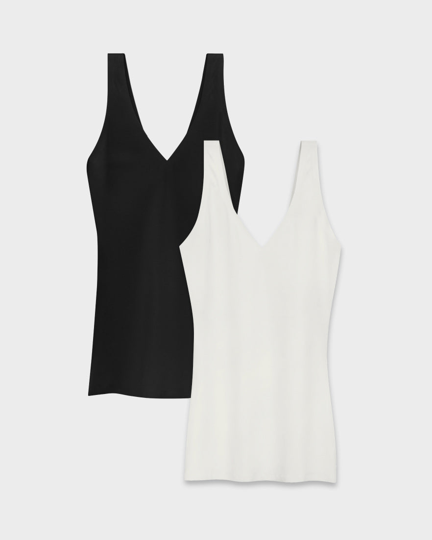 Black and pearl seamless V-neck tanks shown side by side for easy layering.