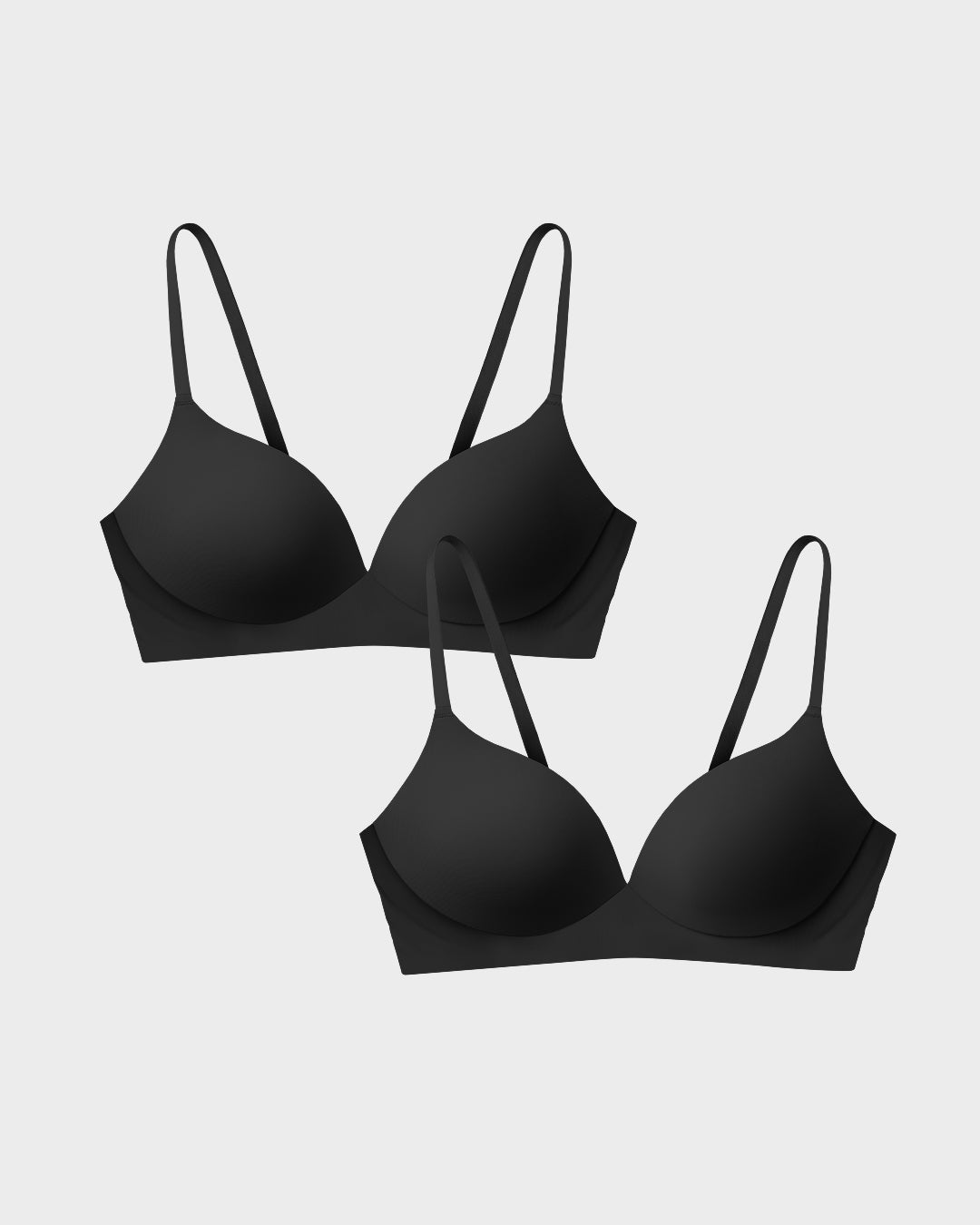 Black wireless t-shirt bra two-pack in a flat-lay arrangement.