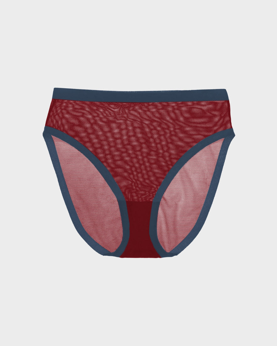 Cabernet red sheer mesh high cut high waisted panty with navy trim, front view.