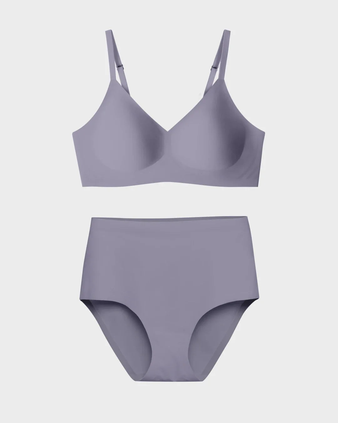 Slate gray seamless V-neck bralette and high-waisted briefs flat lay on white background