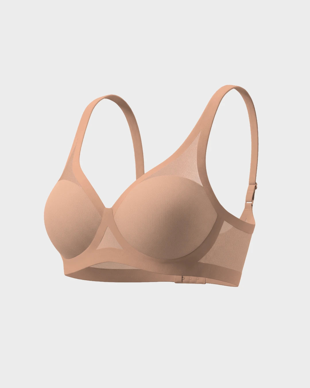 EBY Sheer 3D Light Lift Bra in champagne, angled product view on gray background showing molded cups, adjustable shoulder straps, and hook-and-eye back closure
