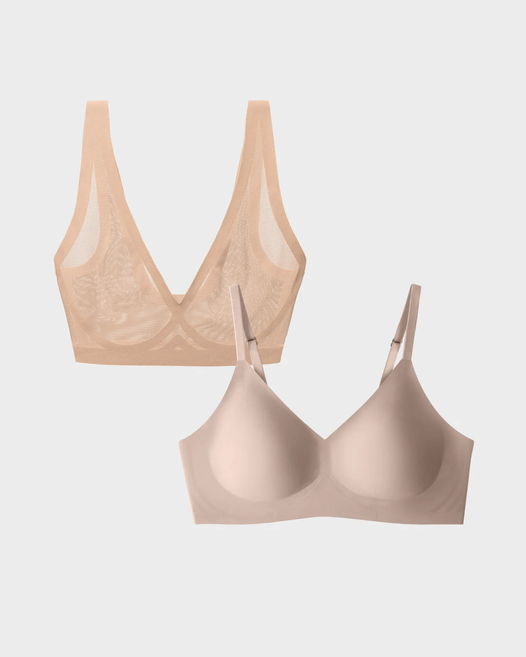 Champagne sheer mesh bralette paired with a nude smooth wireless relief bra bundle.