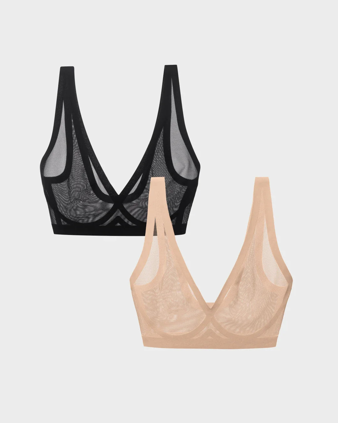 Sheer bralette two-pack in champagne and black in a flat-lay arrangement.