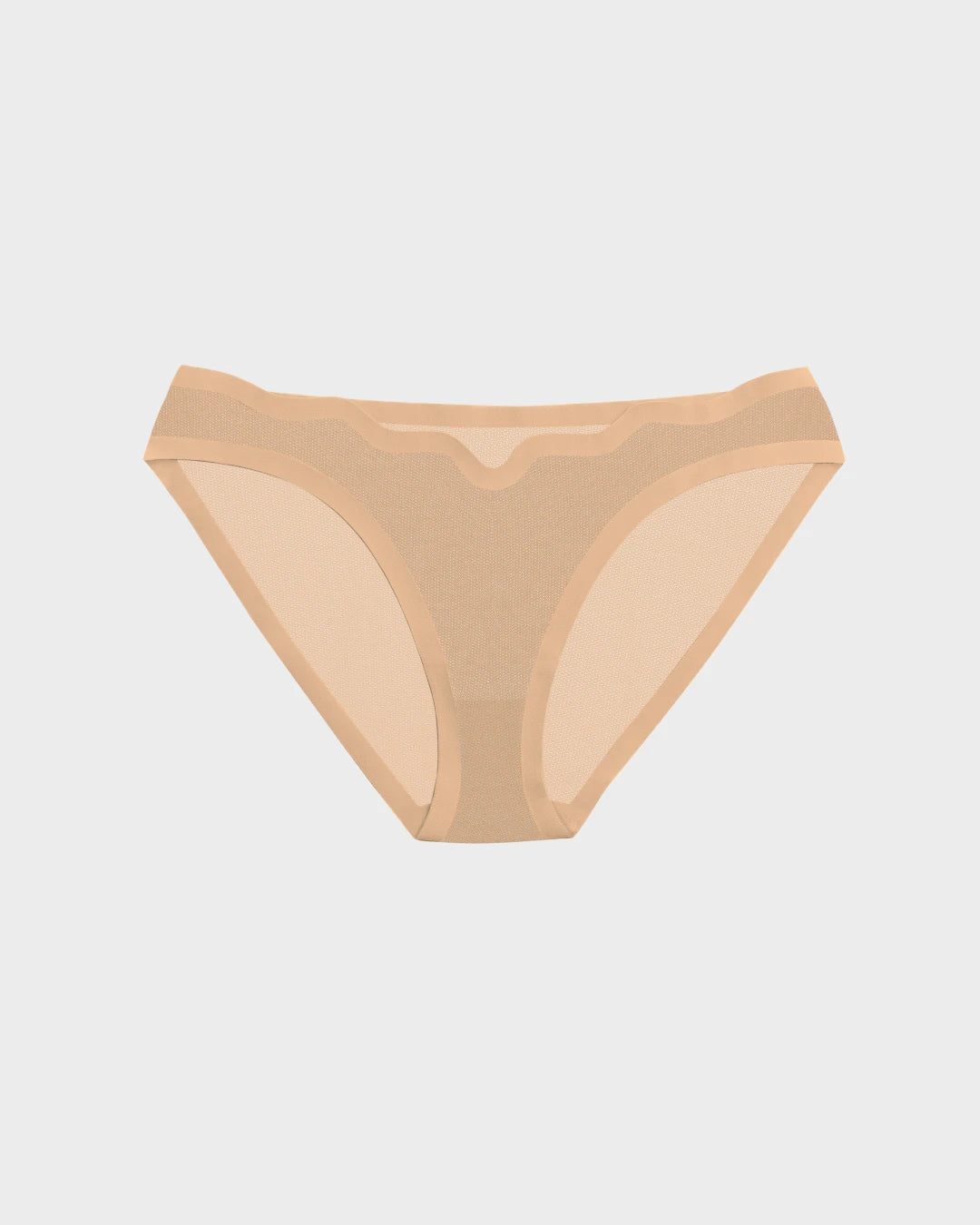 Cookie dough nude sheer mesh Lucy bikini brief with seamless edges, front flat-lay.