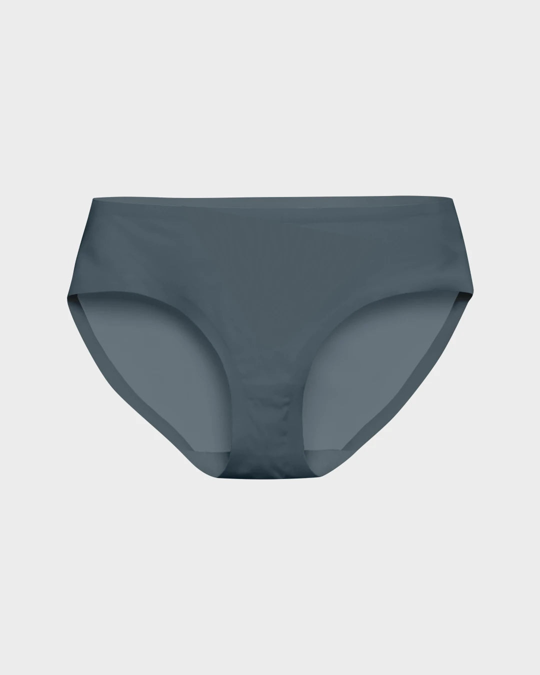 Slate blue seamless mid-rise bikini brief with laser-cut edges laid flat on a light gray background.