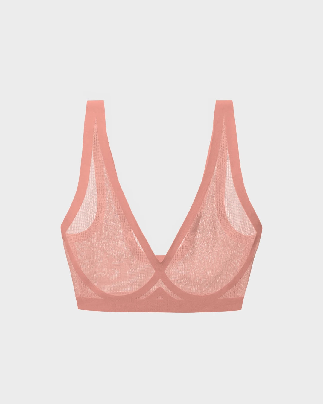 Sheer bralette with deep V-neckline, wide shoulder straps, and tonal underwire band, product flat view.
