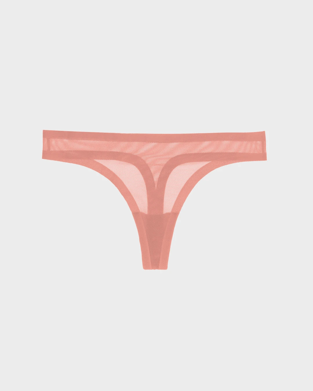 Dusty rose sheer mesh thong with a wide waistband and contrast trim detailing