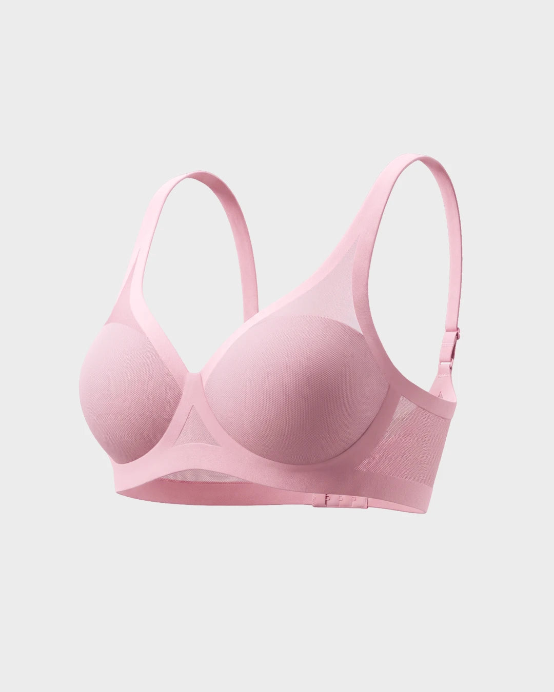 EBY Interlude Sheer 3D Light Lift Bra in blush pink, front product view on gray background showing wireless bra with wide adjustable straps and molded cups