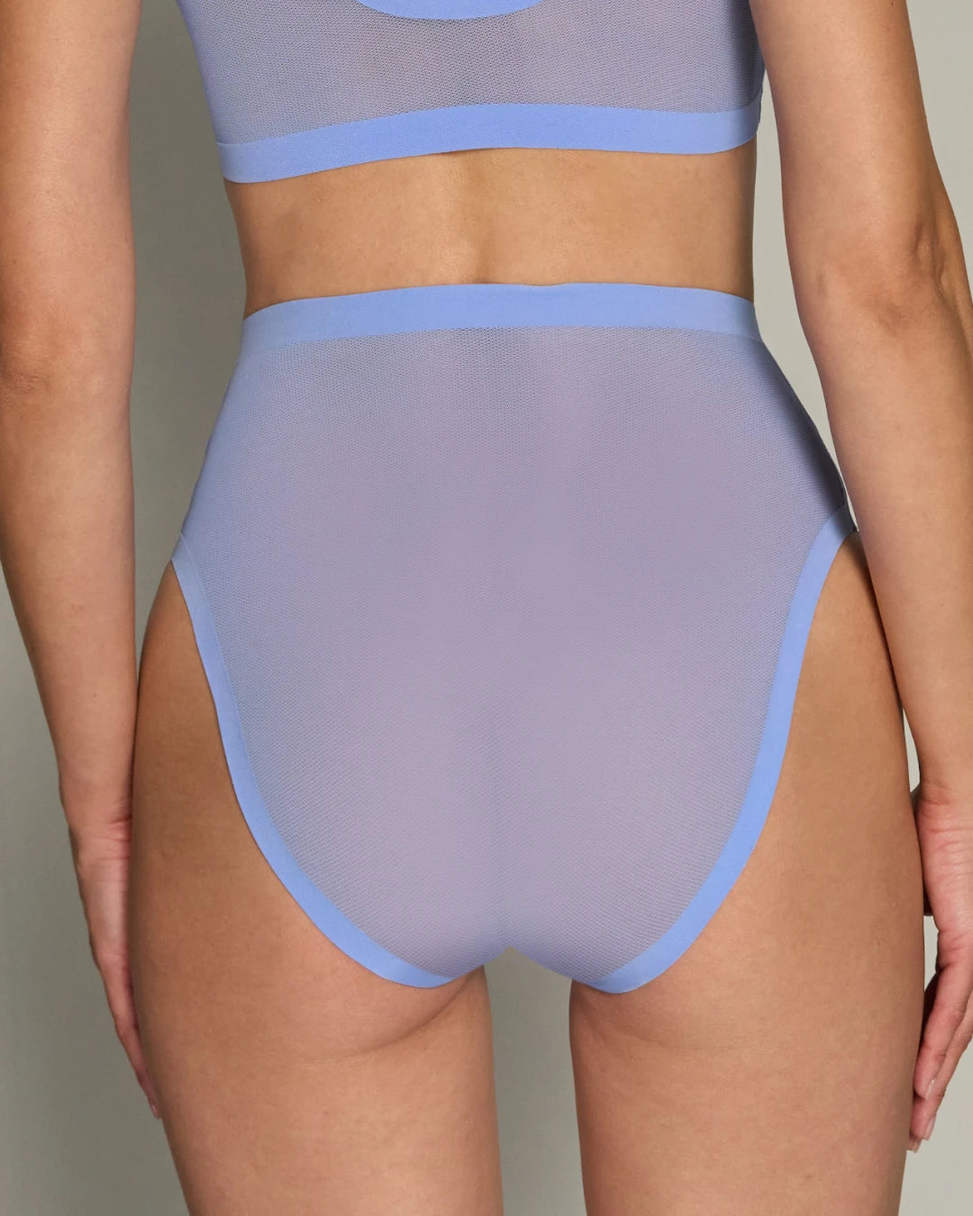 Back view of periwinkle sheer mesh high cut high waisted panties on model.