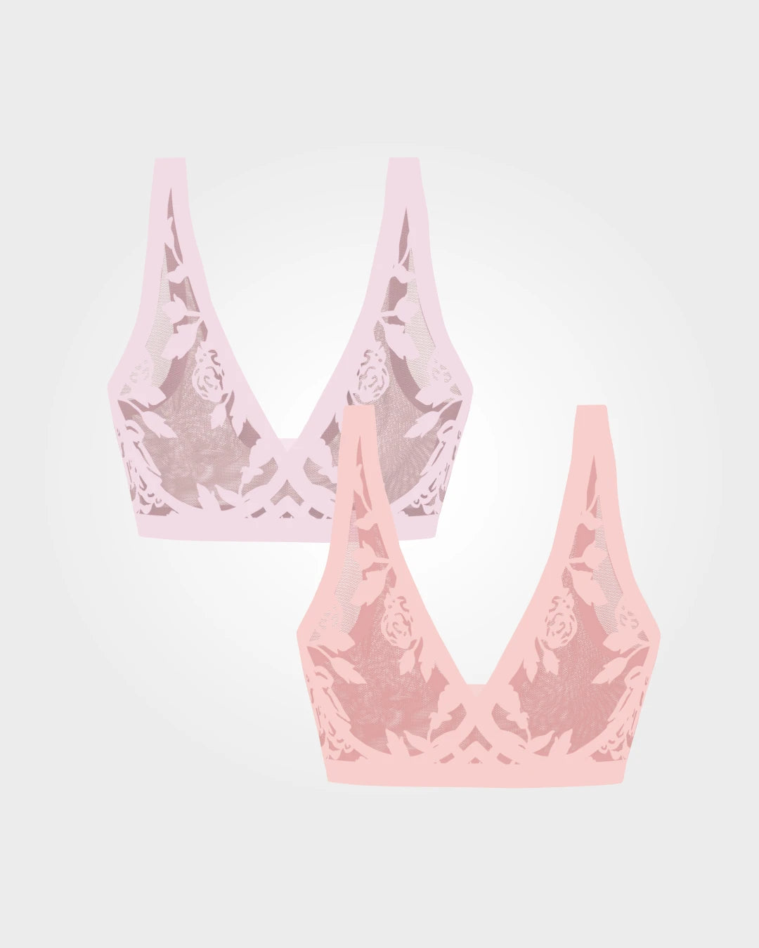 Two sheer floral lace bralettes in light pink and blush, wireless deep-V styling.