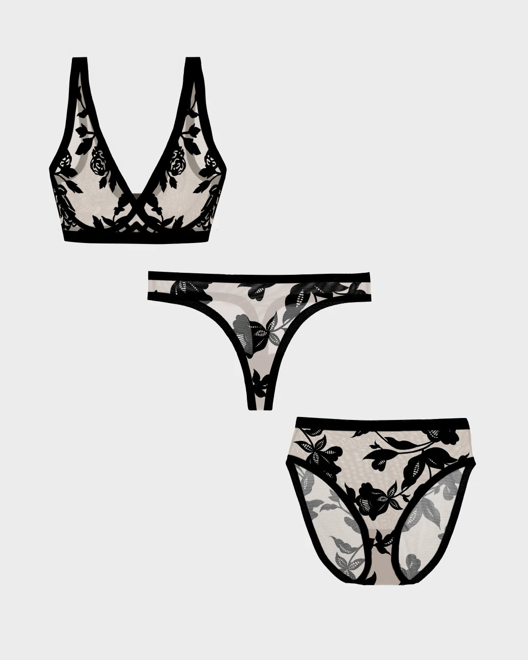 Madam Noir sheer floral lingerie set: wireless bralette, high-cut thong, and matching brief.