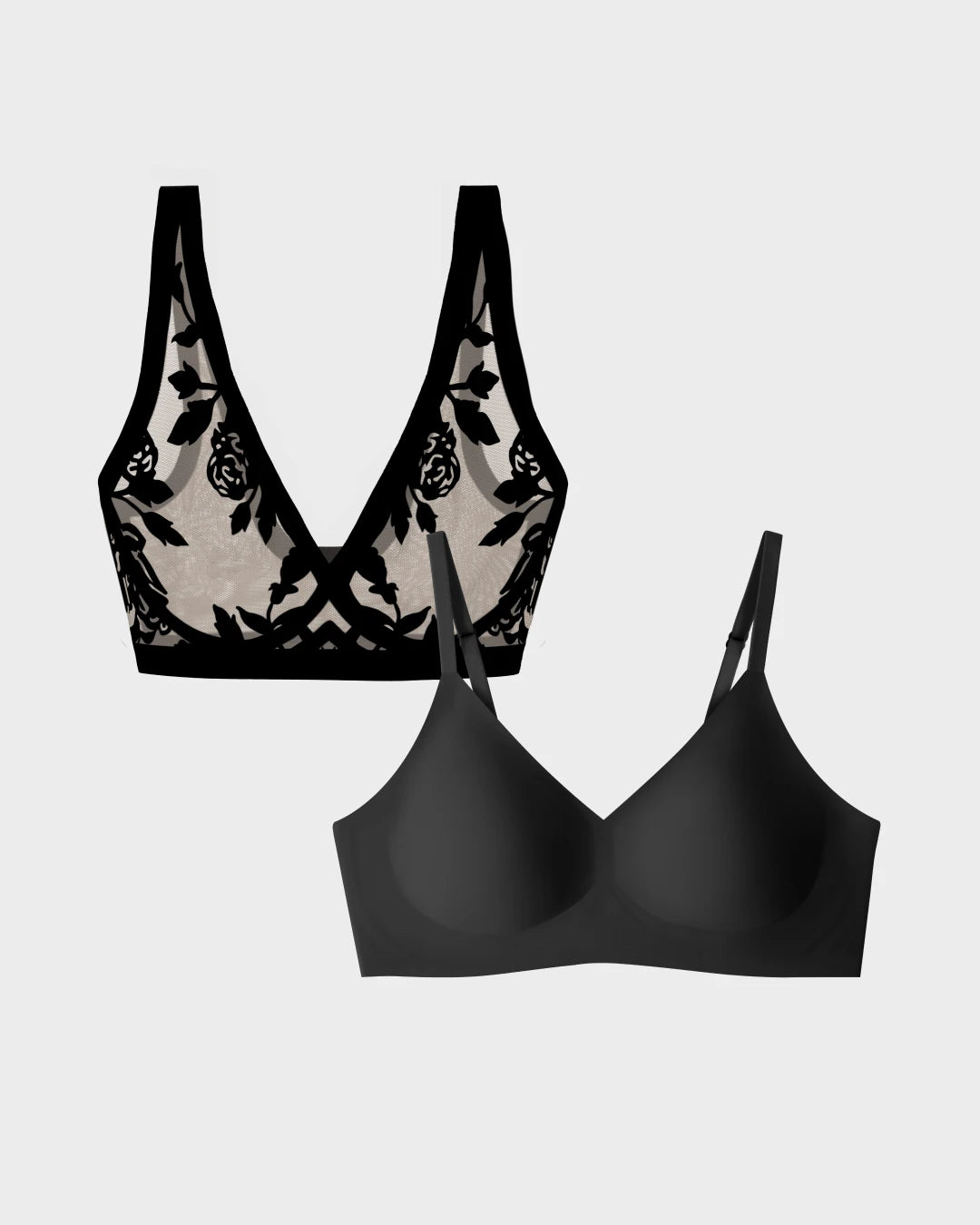 Madam Noir sheer floral lace bralette paired with a black wireless Relief bra.