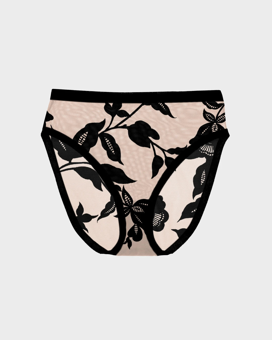 Sheer high cut underwear in nude mesh with black floral print and trim, front view.
