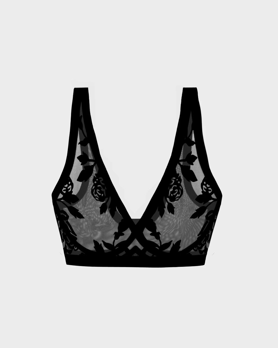 Black sheer bralette with floral lace detailing and a deep V neckline for a delicate, feminine look.