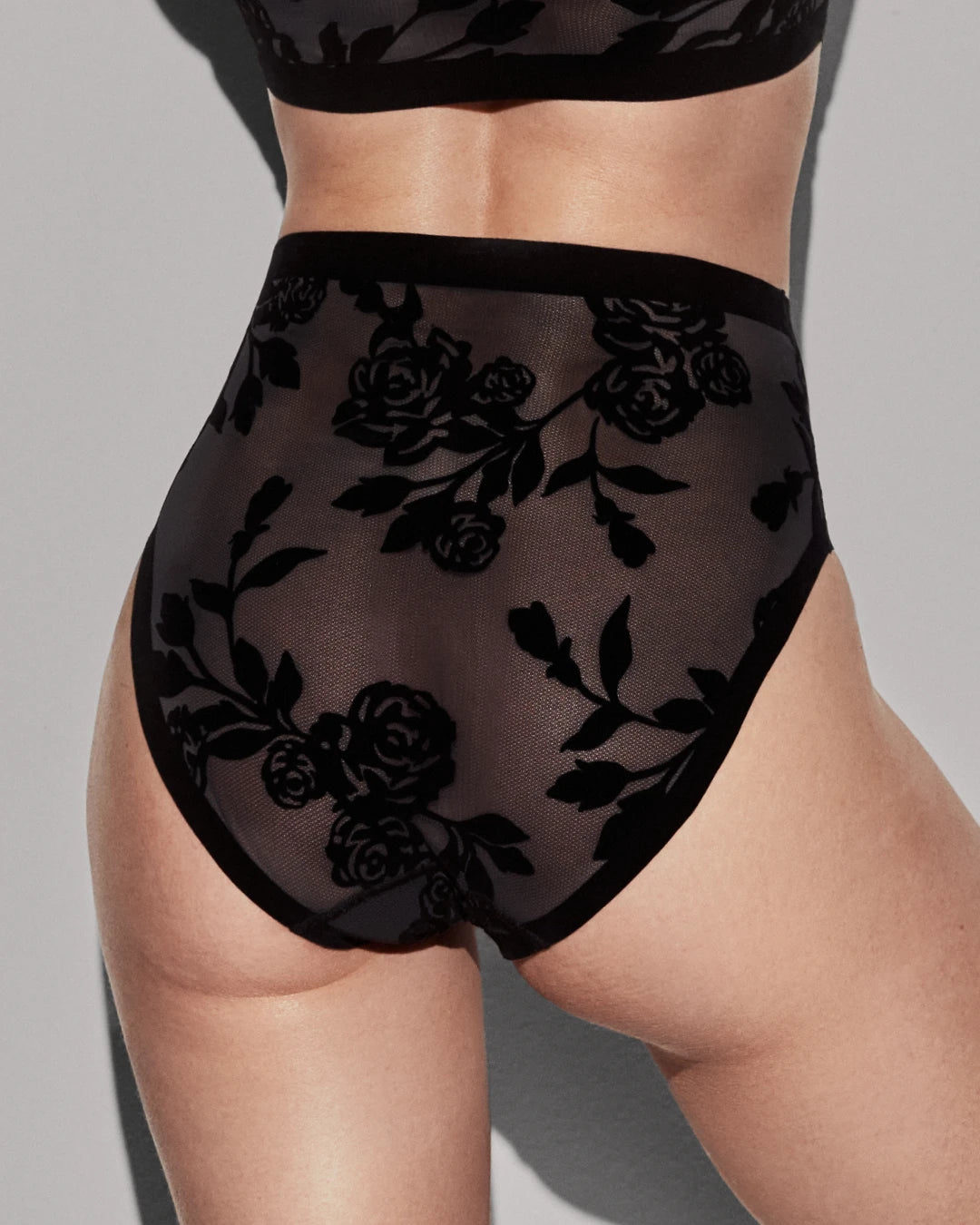 Women's high waisted panties in black sheer mesh with floral detailing and smooth elastic waistband.
