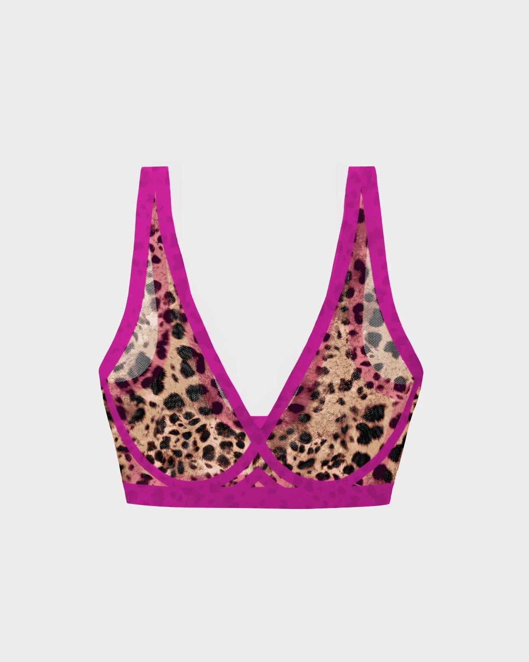 Material Girl sheer mesh bralette in leopard print with magenta trim, no wire.