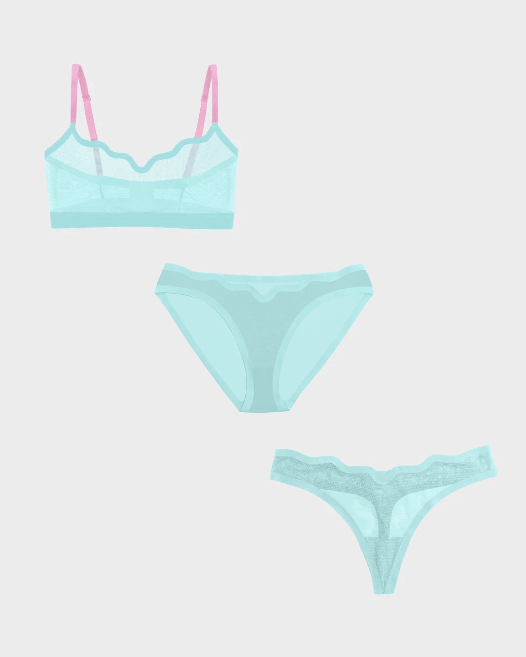 Mint jelly sheer Lucy wireless bralette with pink straps, bikini, and thong set.