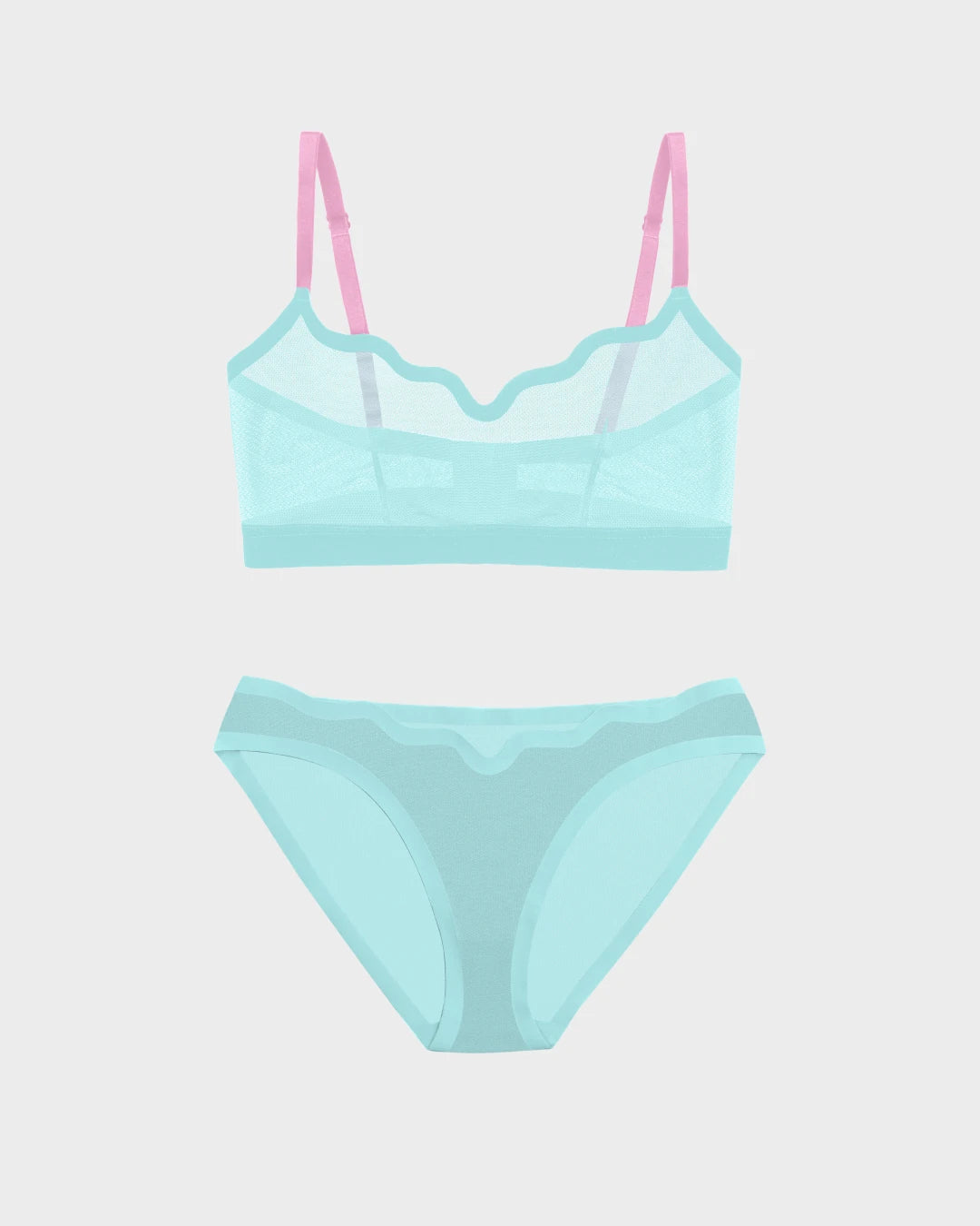 Mint jelly sheer mesh Lucy bralette with pink straps and matching bikini brief.
