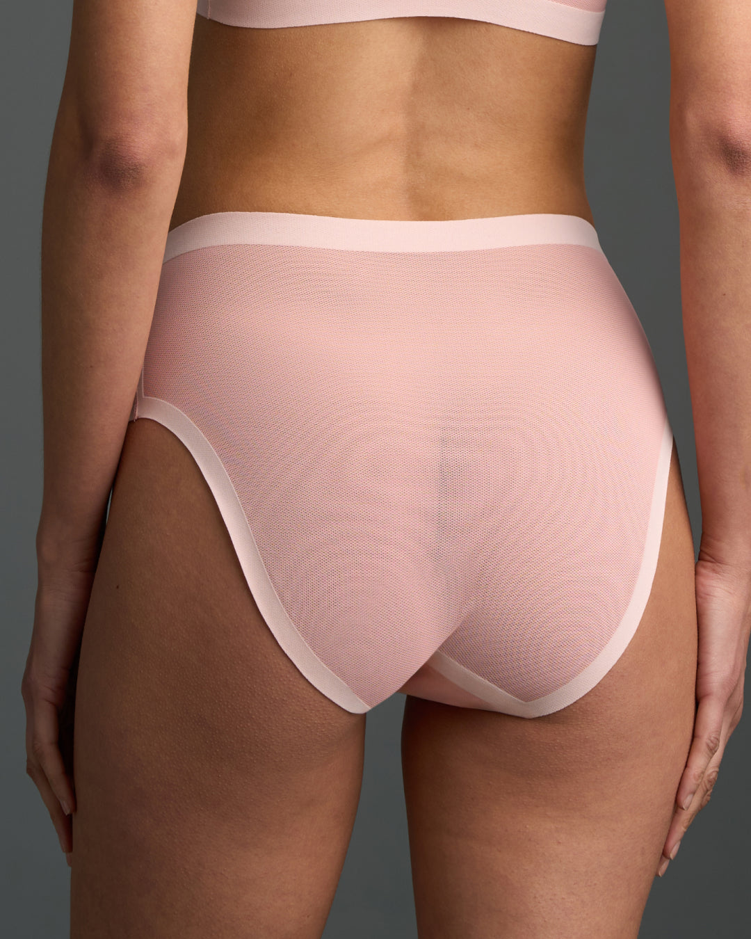 Back view of pale pink sheer mesh high-cut panties with full-coverage seat.
