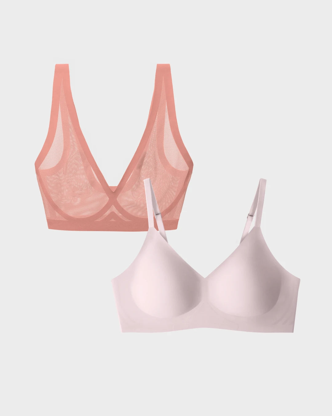 Dusty rose sheer mesh bralette paired with a soft pink seamless wireless relief bra.