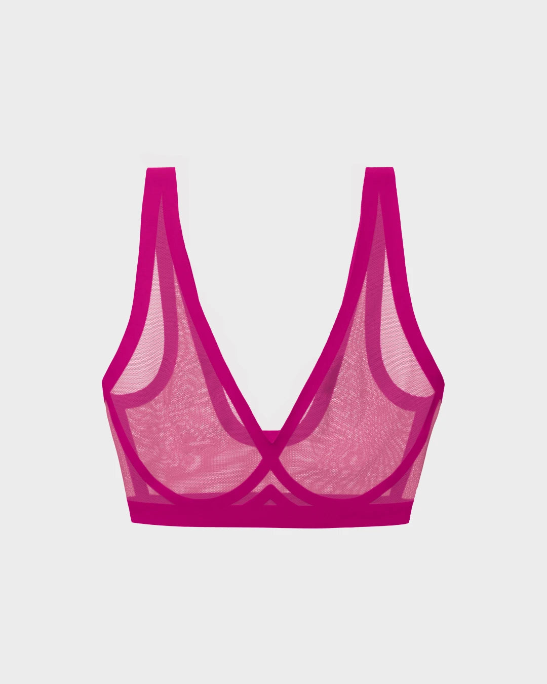 Neon Viper sheer mesh bralette in bright pink, wire-free scoop style on white.