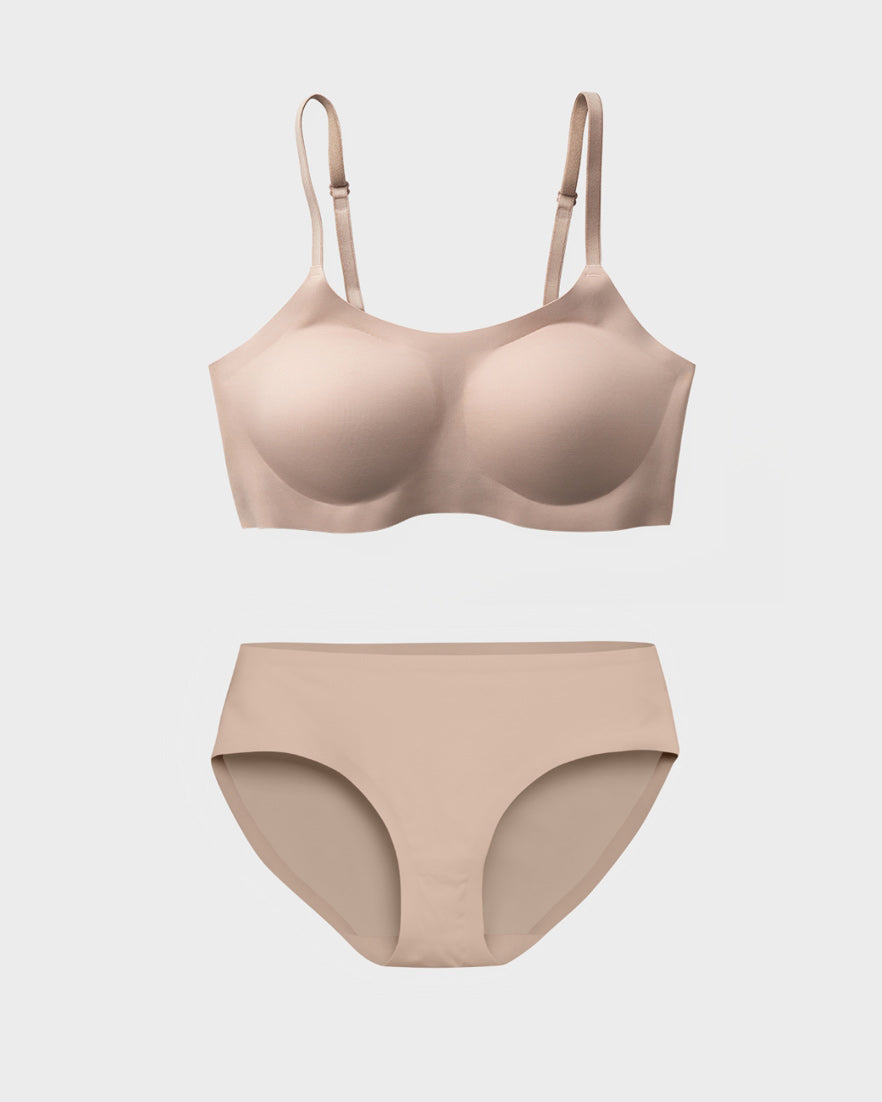 Nude support bralette and matching bikini panties set in a flat lay.