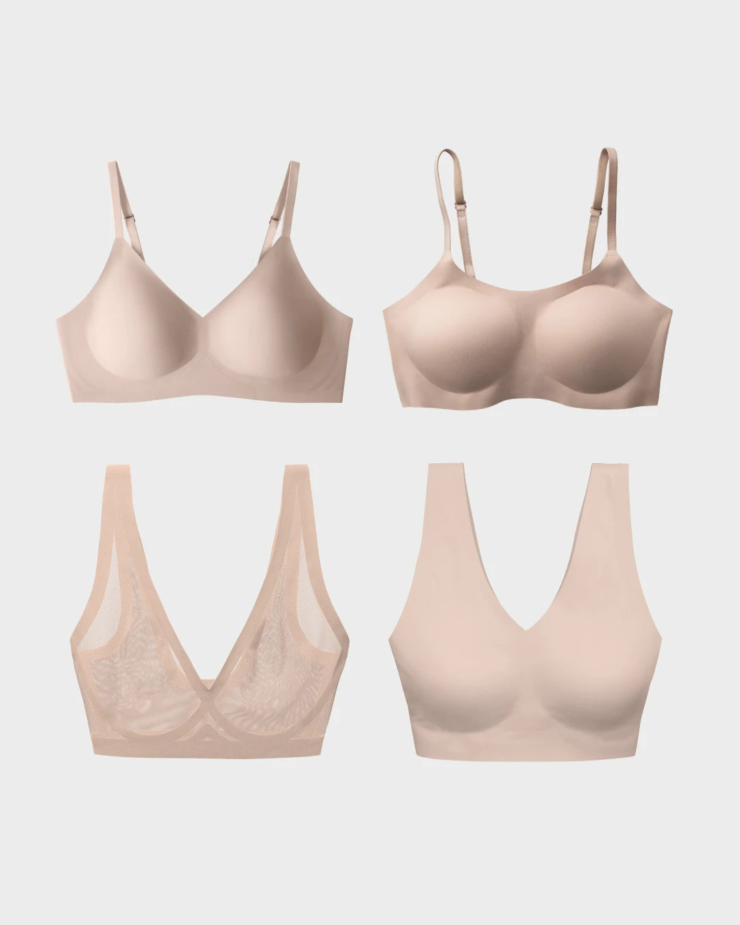 Four nude EBY bras: Relief, Support, Sheer mesh, and Wireless bralettes shown flat.