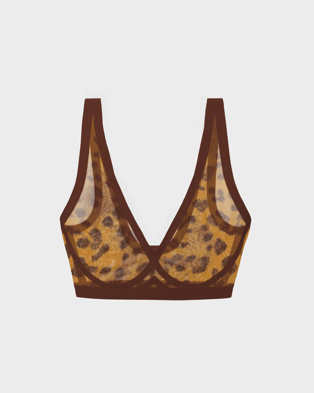 Panthra leopard-print sheer mesh bralette with brown trim, scoop neckline, wireless flat-lay.