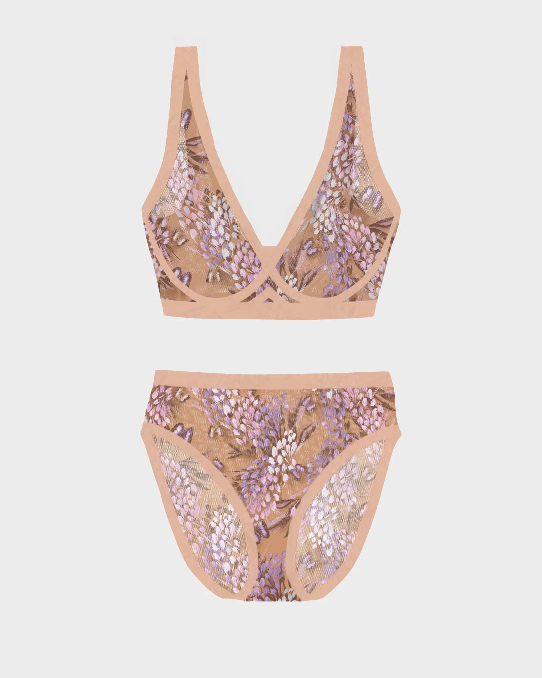 Parisian floral-print sheer bralette and matching mesh high-cut panties set in a flat lay.