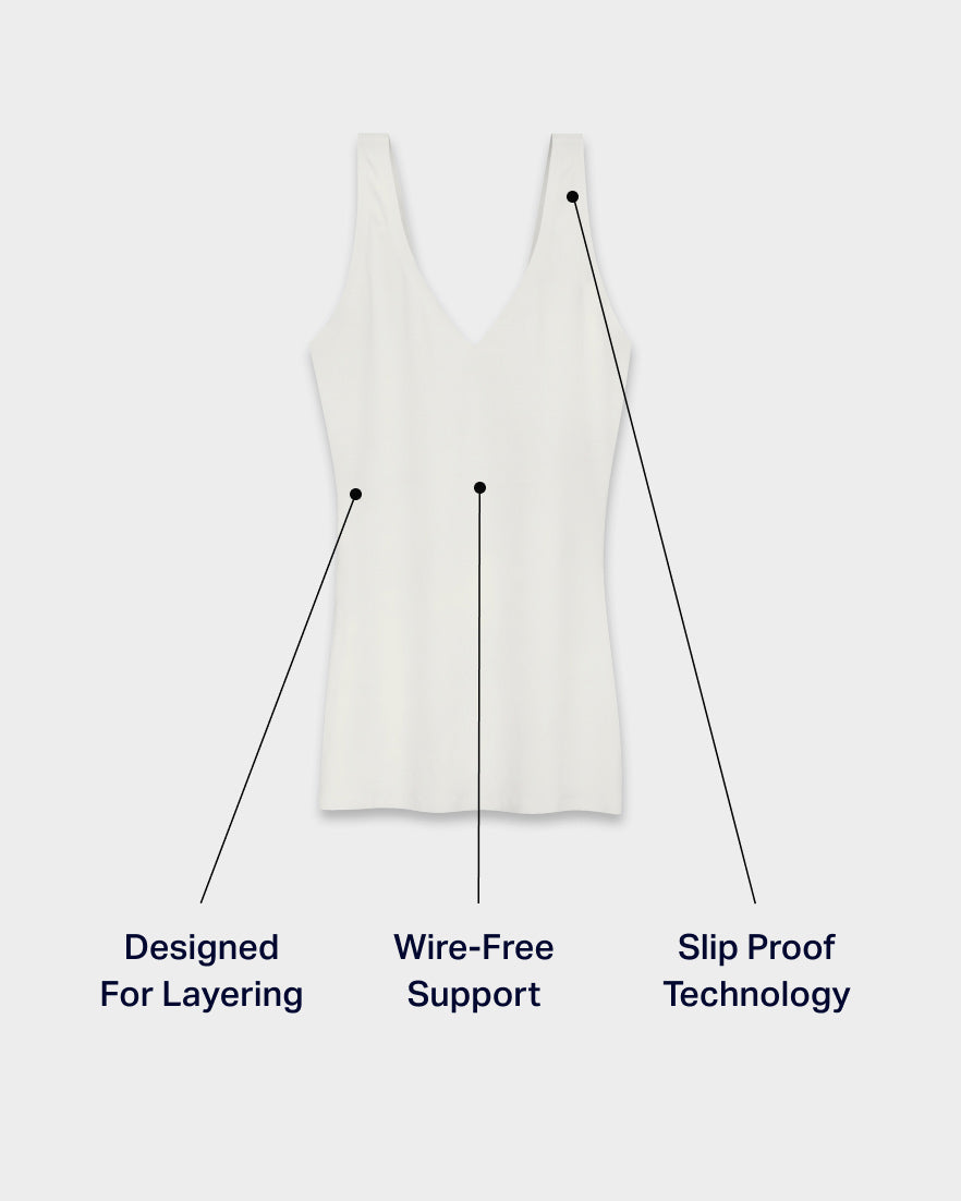 Pearl seamless tank for layering, with wire-free support and slip-proof technology feature callouts.