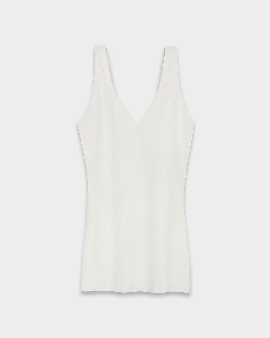 EBY Pearl seamless V-neck tank top in ivory, flat-lay on light background.