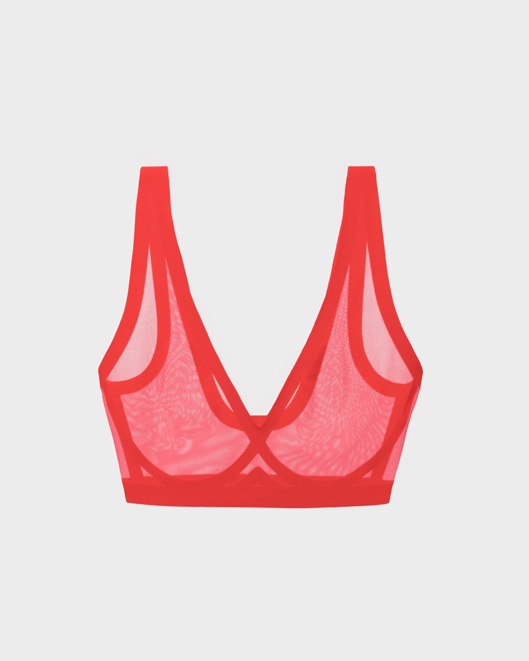 Red sheer bralette in mesh with wide straps and a wire-free scoop neckline.