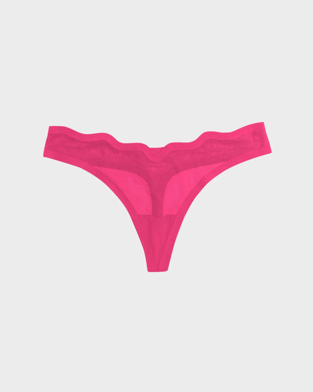 Red velvet sheer mesh Lucy thong with a scalloped waistband, laid flat.