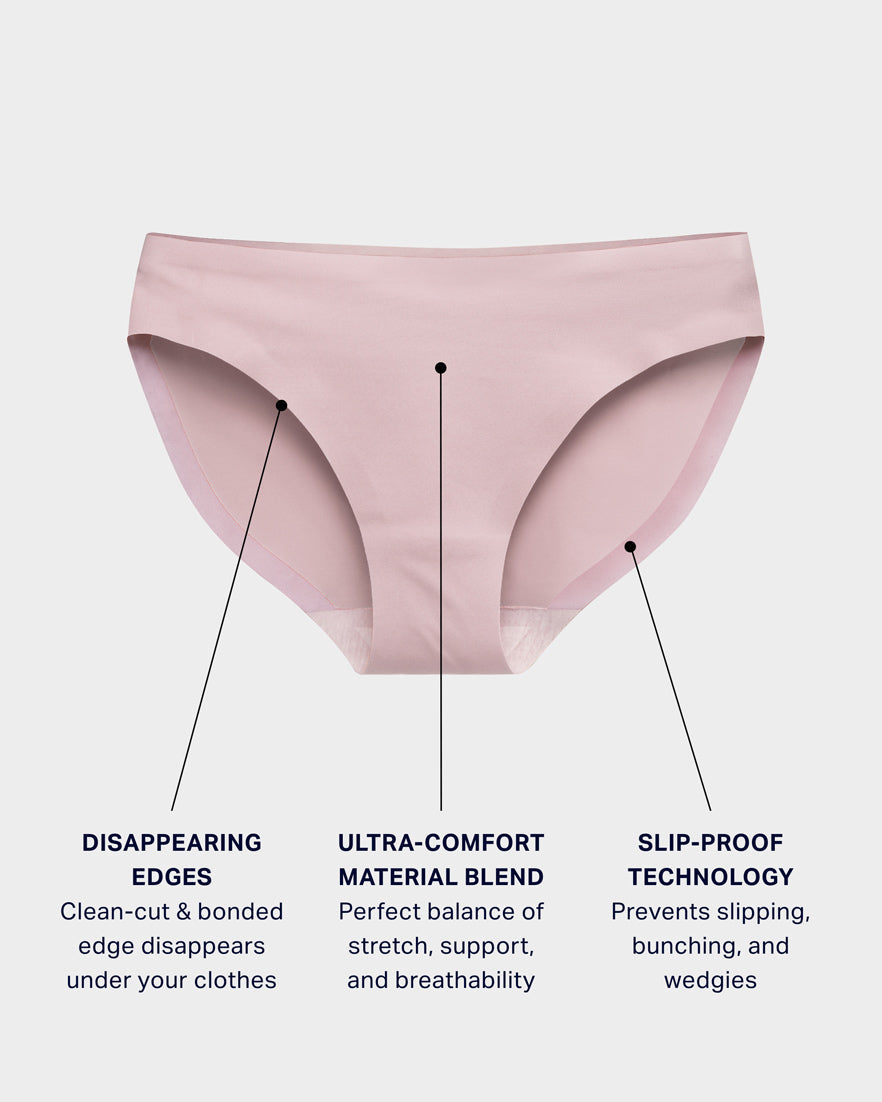 Rose Dust seamless bikini panty highlighting disappearing bonded edges, ultra-comfort blend, and slip-proof grip.
