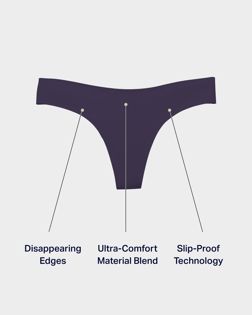 Serene seamless thong in dark purple with disappearing edges, ultra-comfort material, and slip-proof technology.