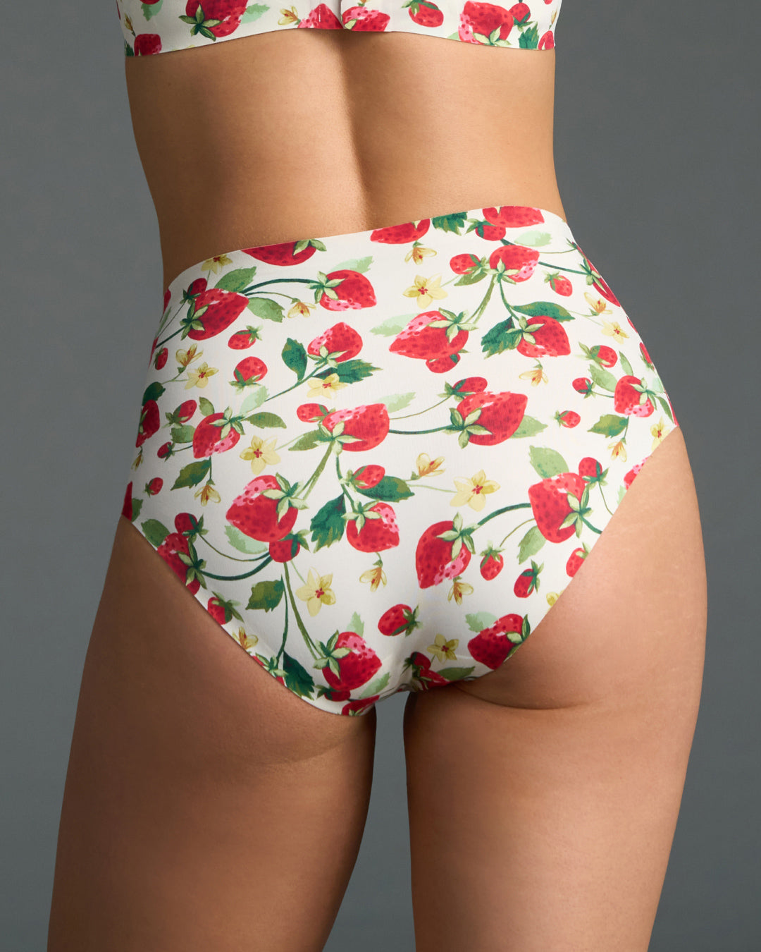 Strawberry patch high rise seamless panties shown from the back, featuring a white base and smooth, invisible edges for a flattering fit