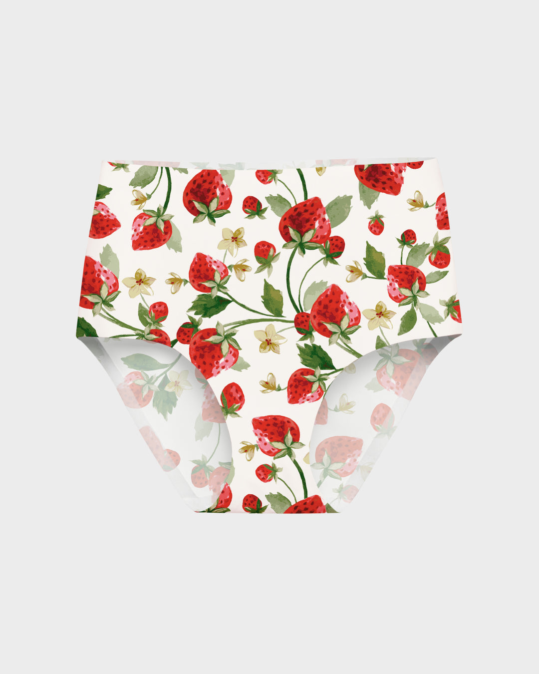 Strawberry patch high waisted no show panties with a white background, designed for a smooth, seamless fit and invisible look under clothing