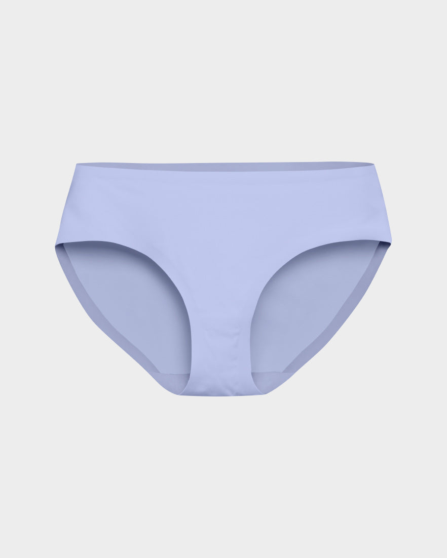 Lavender seamless brief with modest rise and full coverage, shown flat on gray.